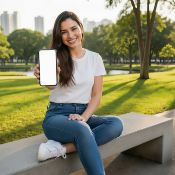 Smiling Woman Holding Smartphone Mockup with Blank Screen for App Design in Urban Park