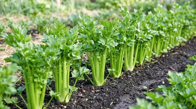 Vibrant green celery plants growing in rows in a vegetable garden. Fresh organic stalks cultivated in dark soil