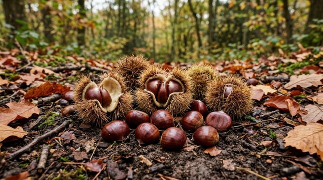 Fresh sweet chestnuts and spiky burrs on a forest floor. Autumn harvest of raw nuts among fallen brown leaves