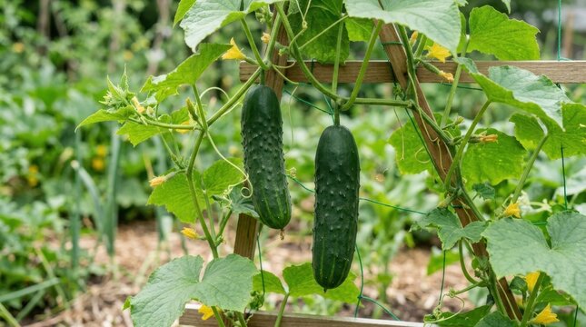 Fresh green cucumbers growing on a vine with a wooden trellis. Homegrown organic vegetables and yellow flowers in a garden
