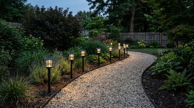 Solar powered lantern lights illuminating a curved gravel garden pathway at dusk. Outdoor landscaping and yard decoration