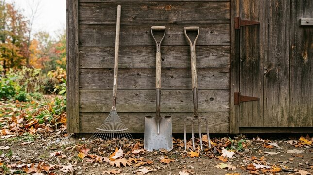 Garden tools leaning against a rustic wooden shed. Rake, shovel, and pitchfork for autumn yard cleanup among fallen leaves