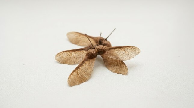 Dry brown maple seeds on a white background. Samaras or helicopter wings close up