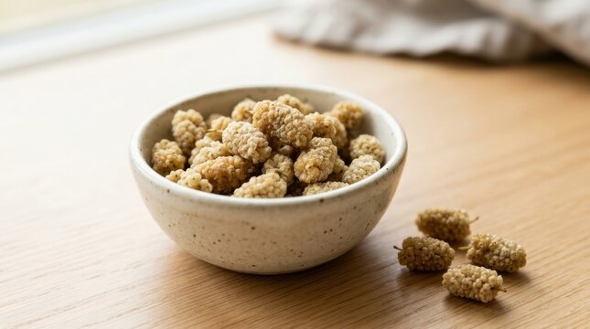 Dried white mulberries in a ceramic bowl on wooden table. Healthy sweet snack and superfood. Close up of dried berries