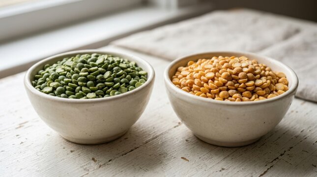 Dried green and yellow split peas in ceramic bowls. Organic legumes on a rustic white wooden table