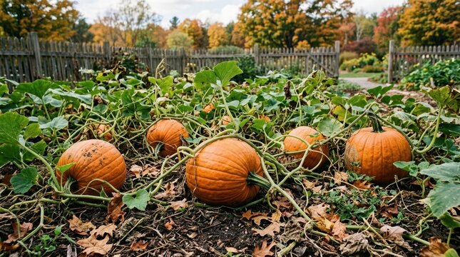 Multiple orange pumpkins growing in an autumn garden patch. Backyard pumpkin patch with green vines and rustic wooden fence during fall harvest