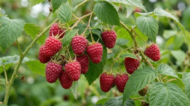 Ripe red raspberries growing on a bush in a garden. Fresh organic summer berries on a branch. Close up of healthy sweet fruit