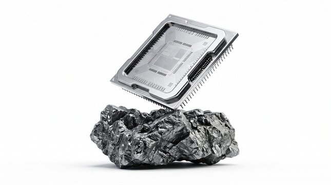 Metallic Microprocessor Chip Balanced on Raw Silicon Ore Isolated on White Background