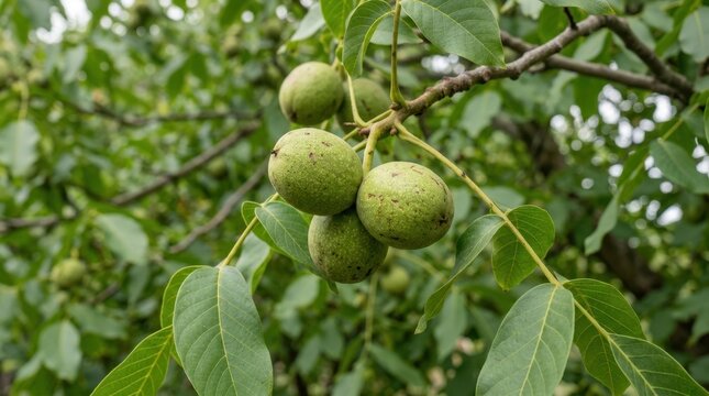 Green walnuts in husks hanging on a tree branch. Unripe nuts surrounded by green leaves in an orchard