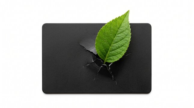 Green leaf on black background minimalist eco sustainability concept close-up top view