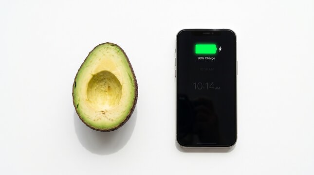 Halved avocado beside smartphone displaying green battery icon on white background