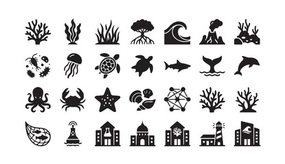 Fototapeta premium Marine life and oceanography research icon set with wildlife, jellyfish