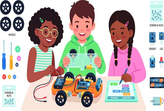 Multicultural kids building and programming robot car with tablet, wheels, sensors, and tools set