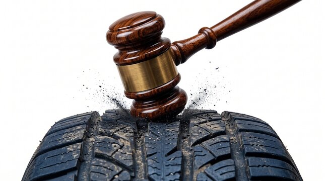 judge's gavel striking a tire