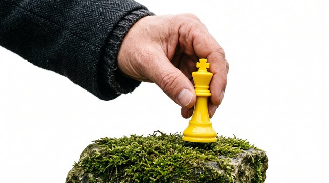 Hand placing golden chess king on mossy rock for strategy and leadership concept