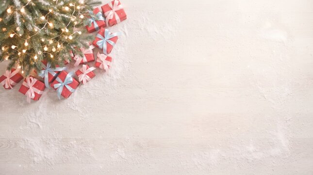 Soft pastel Christmas background with illuminated tree and wrapped gifts copy space