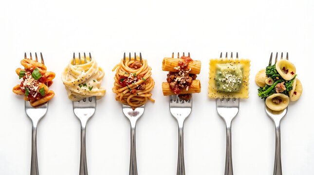 Row of silver forks holding different types of cooked Italian pasta with sauces