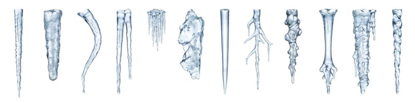 Different shapes of icicles are displayed on a white background. The icicles show various lengths and forms. This setup is made for a Christmas theme