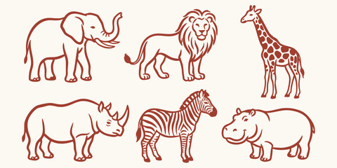 Naklejka premium African safari animals collection with elephant lion giraffe rhino zebra and hippopotamus in a hand made doodle style on a neutral background