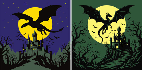 Fototapeta premium Fantasy dragon silhouette flying over gothic castle, mythical creature in moonlight, spooky medieval fortress vector set