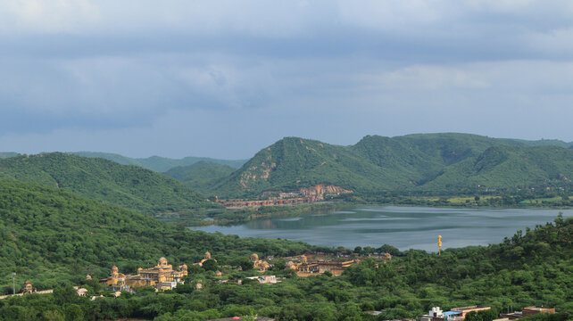 Scenic Semi-Arid Landscape of the Aravalli Range near Jaipur, Rajasthan, India.