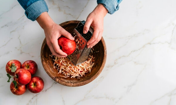 An overhead view of a farmer grating fresh juicy apples