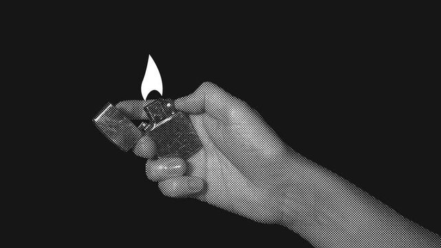 Hand flicking a lighter to ignite a flame with flying sparks on a black background, stop motion animation, halftone pop art style.