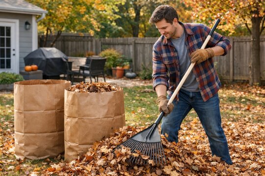 Man raking autumn leaves in a suburban yard for seasonal cleanup background and landscaping chore imagery