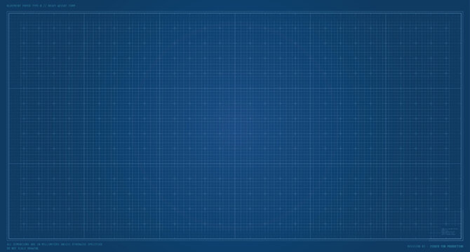 A vintage blue blueprint paper background with a precise grid pattern, technical border, and authentic text and texture. Blue architecture vintage paper with blue gradient.