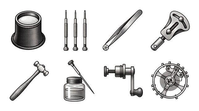 Grid of watchmaking instruments including oiler tweezers and case opener in halftone effect.