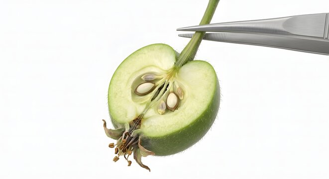 Scientific Macro Cross Section of a Young Developing Fruit Showing Seed Formation Held by Forceps