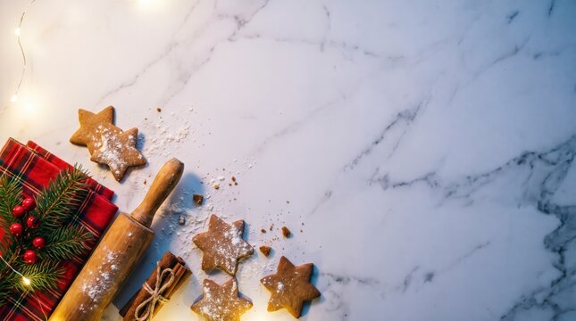 Christmas gingerbread cookie flat lay with rolling pin and fairy lights copy space