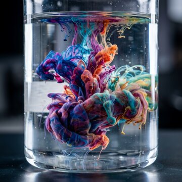 Colorful ink swirl dissolving in clear water glass.