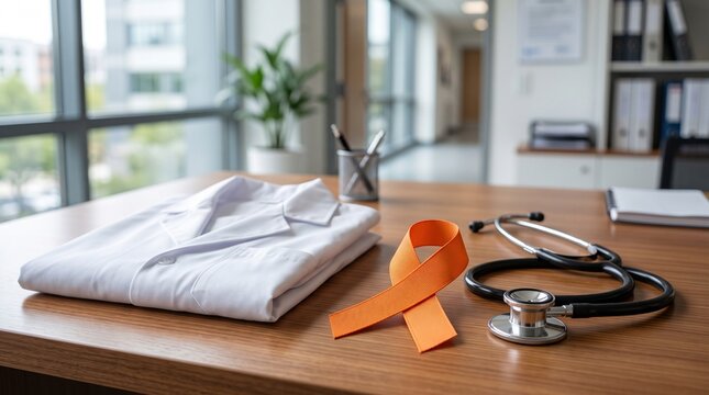 Orange awareness ribbon on doctor desk with stethoscope. Medical lab coat and stethoscope for leukemia or MS awareness. Healthcare office background.