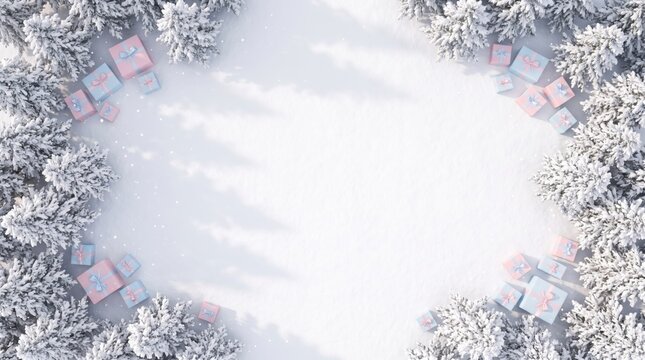 Aerial view of snowy forest clearing framed by pastel gift boxes copy space