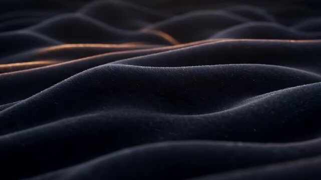 Luxurious Smooth Rolling Waves of Dark Blue Velvet Fabric Texture with Golden Rim Light