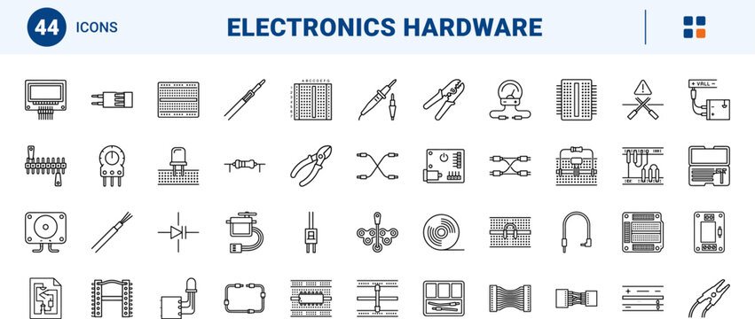 Electronics hardware line icon set. Vector pictograms of breadboard, jumper wire, circuit prototype, and electronic component elements, thin linear illustration.
