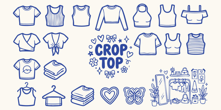 Collection of diverse hand made doodle crop tops and fashion items on a light background with playful elements