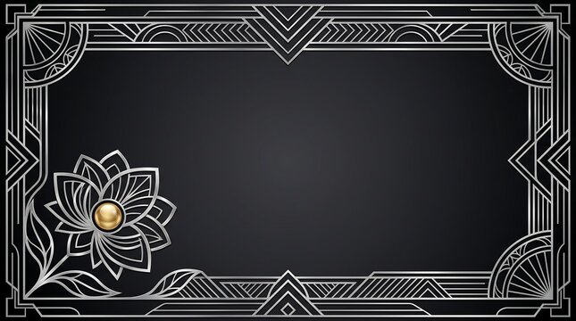 Elegant silver Art Deco frame background with geometric patterns and lotus flower