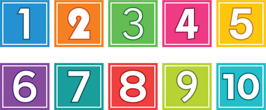 A colorful collection of numbers from 1 to 10, each displayed in a distinct colored square with a white border.