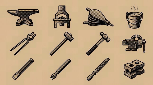 Blacksmith forge workshop equipment icons featuring anvil hammer and bellows.