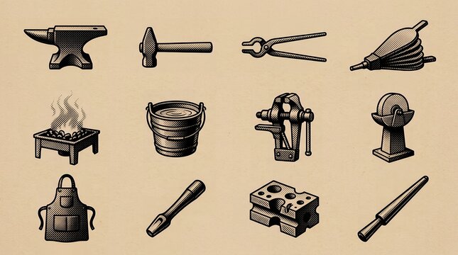 Antique metalworking tools and apron for traditional blacksmithing craft.