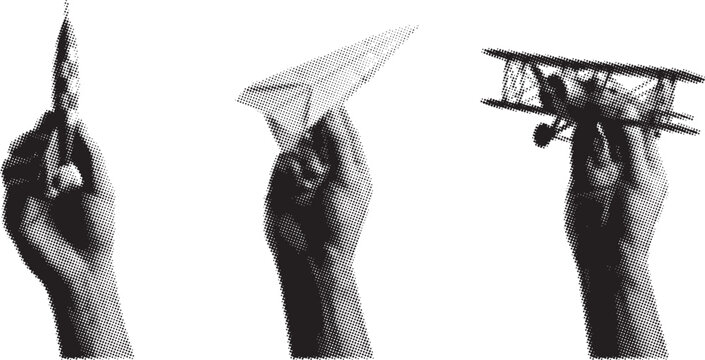 Halftone hands holding toy airplane rocket and paper plane with copy space