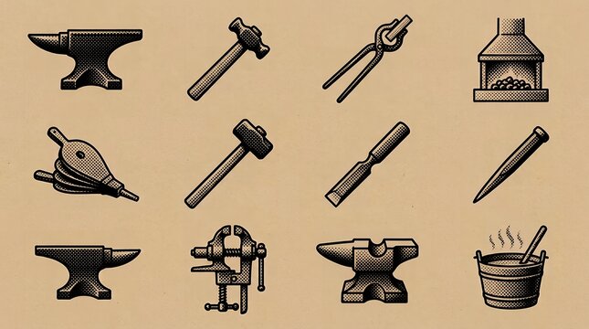 Blacksmith tools set for forging metal work in vintage halftone illustration style.