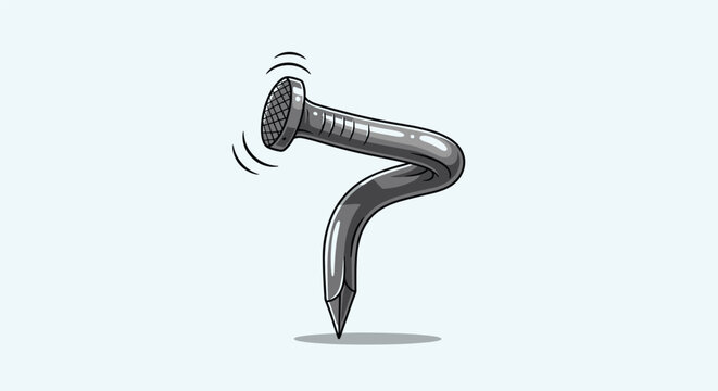 Vector graphic illustration of a bent silver steel nail standing upright against a solid light blue background.