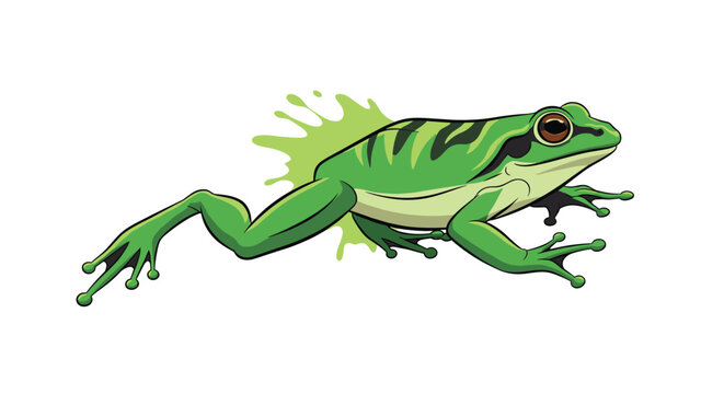 Green tree frog jumping dynamically with a bright green splash on a clean white background, capturing movement and nature.
