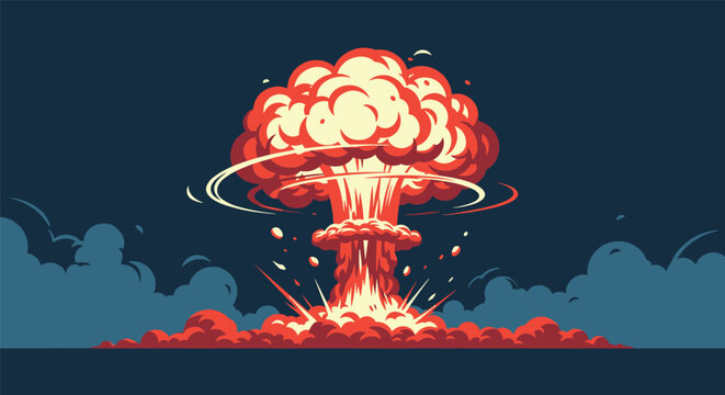 Dramatic nuclear explosion with powerful mushroom cloud in a vibrant retro pixel art style against a dark blue background.