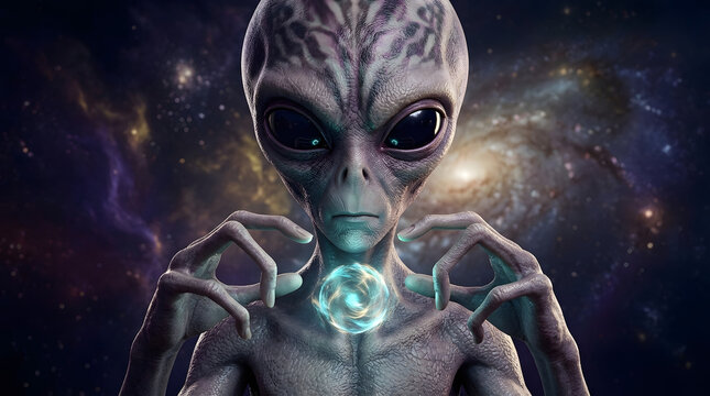 Extraterrestrial alien holding glowing energy orb in deep space galaxy background