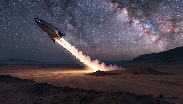 Sleek futuristic rocket launching at night with starry galaxy sky and smoke trail