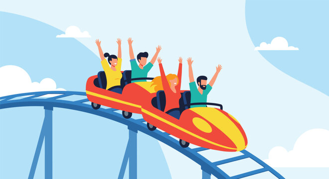 Happy young people riding roller coaster at amusement park with raised hands vector cartoon illustration.